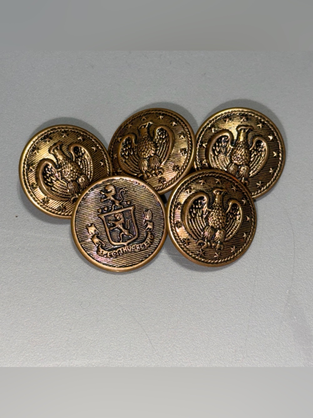 Set of 5 Decorative‎ Gold-tone Metal Buttons vintage military buttons